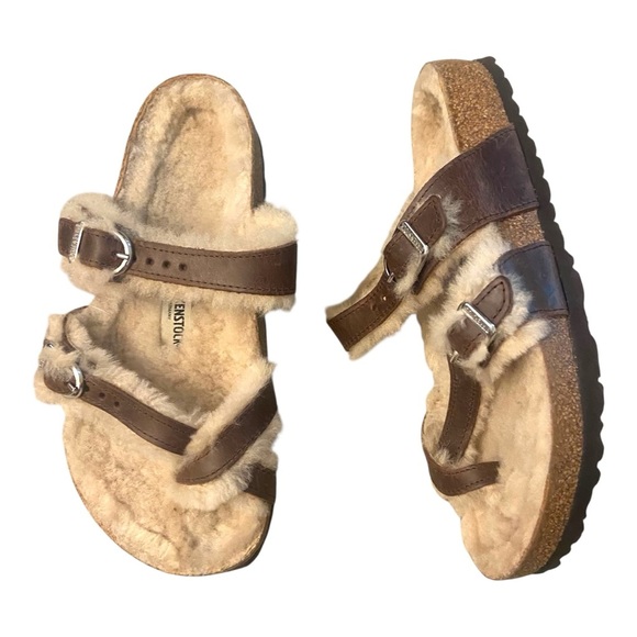 Birkenstock Shearling Mayari Oiled Leather Brown Thong Sandals Sz 37 Regular - Picture 1 of 6